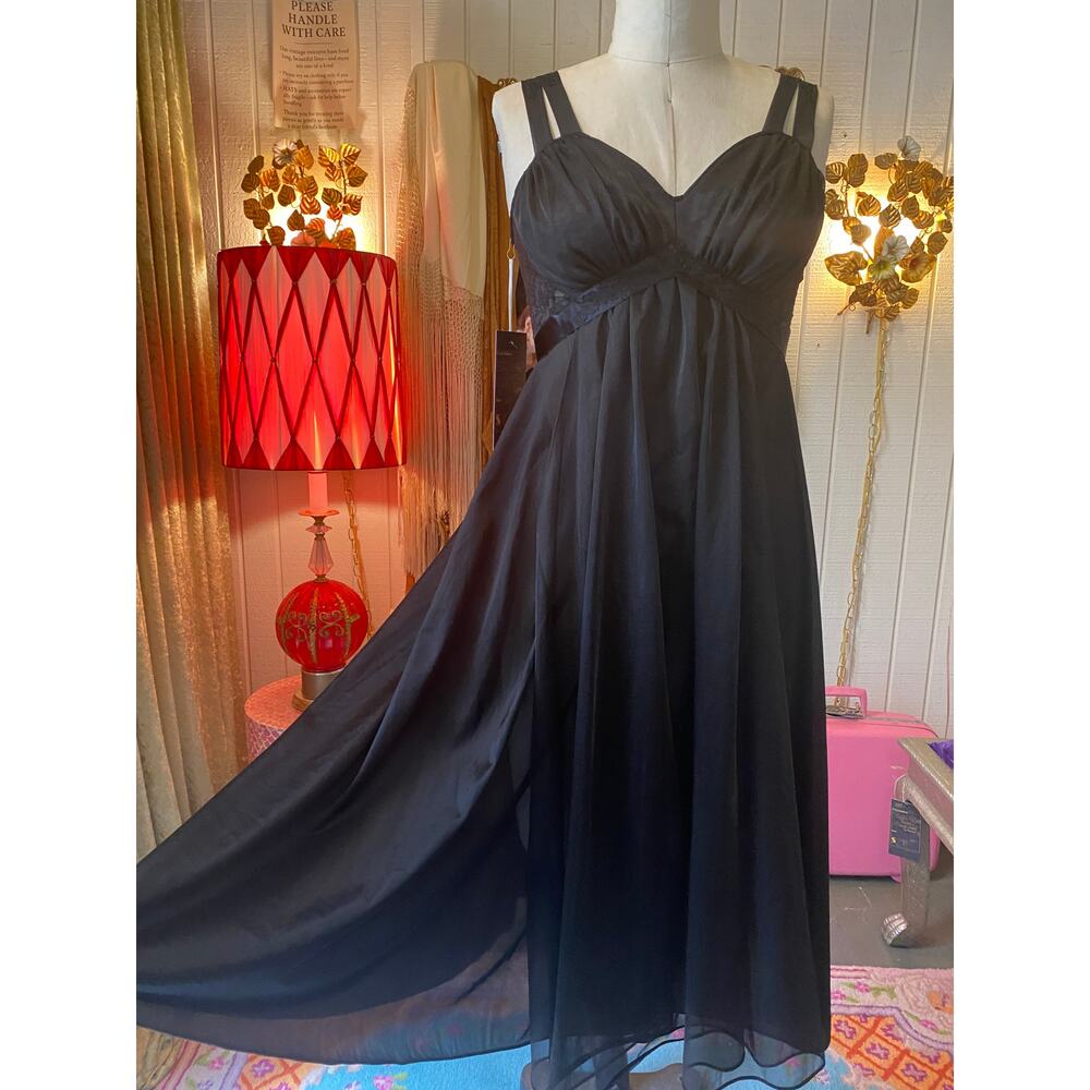 vintage 1950s black chiffon nightgown 50s vanity fair slip peignoir lace empire